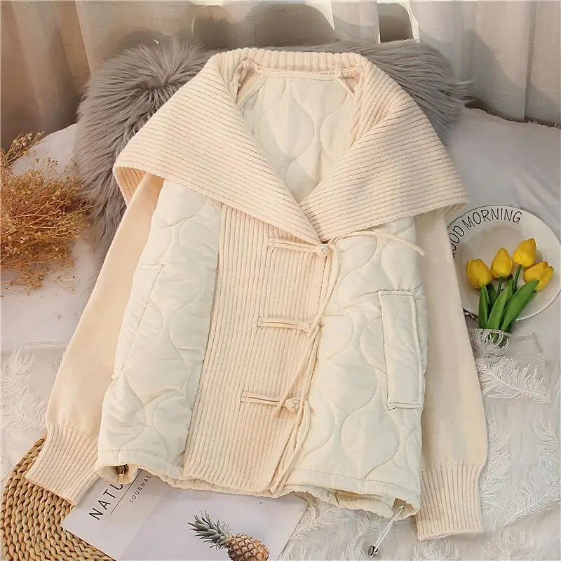 

Fashion Casual Lapel Women Sweater Autumn Winter Loose Spliced Cotton Padded Female Cardigans Jacket Coat V neck