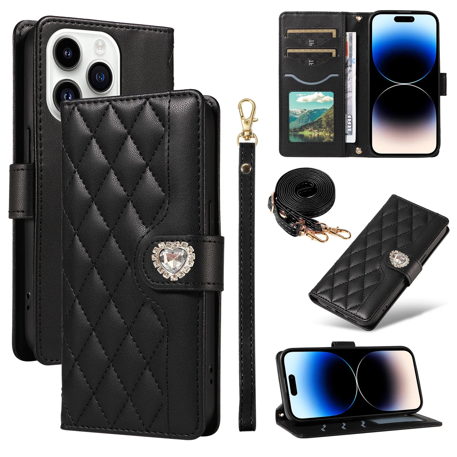 Crossbody Flip Case for Redmi 14C 14R 13C 13 12 11A 10C 10X 10 9C 9A 9 A5 A4 A3 Diamond Leather 3 Cards Wrist Strap Wallet Cover