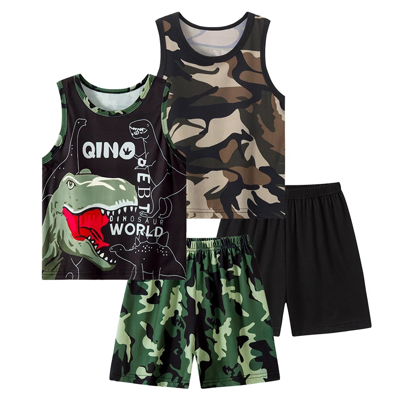 2 Pcs Summer Children's Camouflage Dinosaur Suit Boy Casual Fashion Handsome Vest Girl Comfortable Joker Shorts T-shirt Clothing children clothing