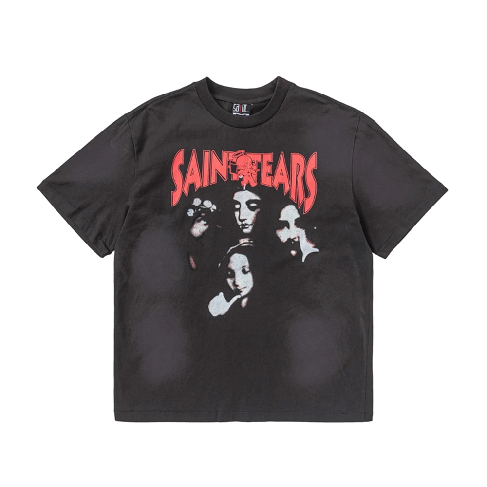 Camisetas vintage Y2K con estampado de ángel y retrato del alfabeto, manga corta, estilo informal, holgadas, estilo rock vintage, de algodón puro