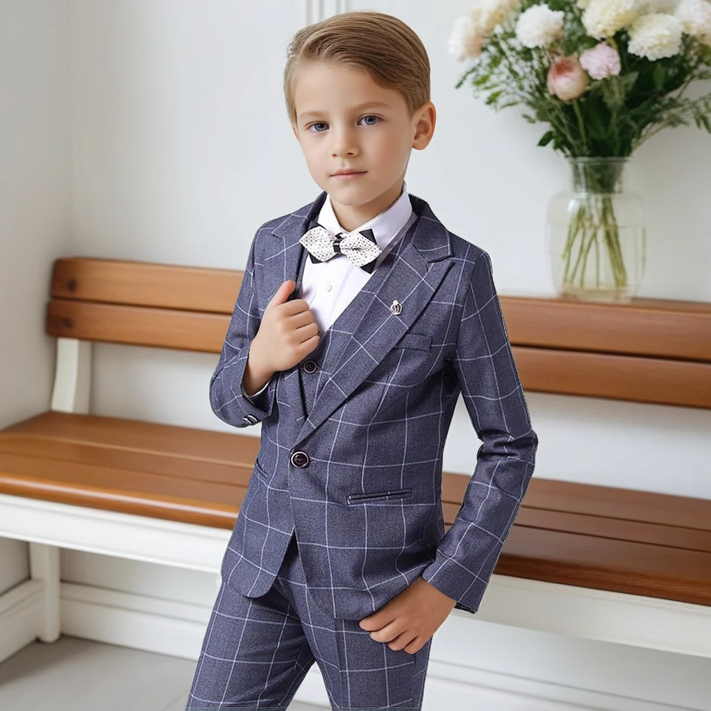 Boys Plaid Suit Spring 2025 Fashion England Wedding Evening Tuxedo Elegant School Children Host Speech Performance Blazers Set 4