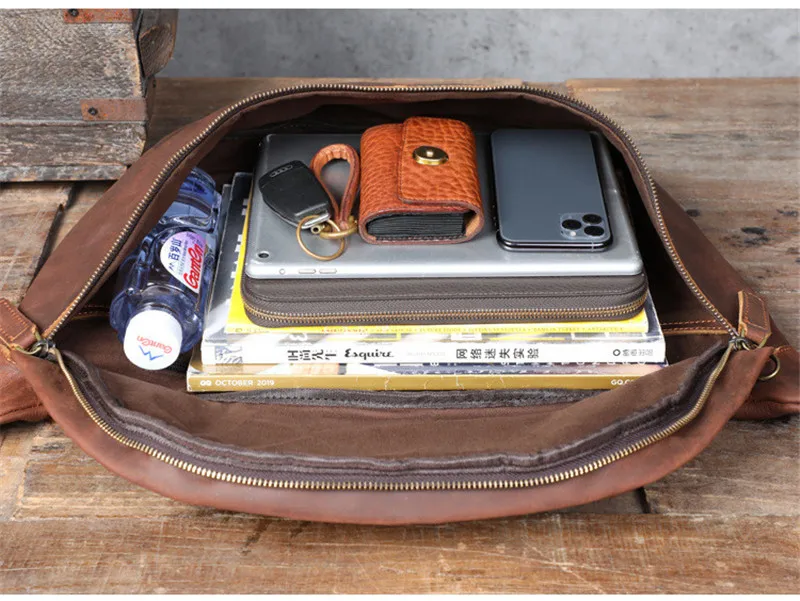 Natürliches echtes Leder super große Kapazität Herren Brusttasche Vintage Designer verrücktes Pferd Rindsleder große Schulter Umhängetasche – Detail 15