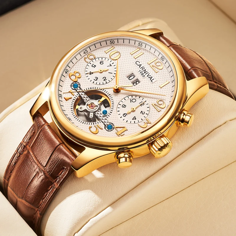 Carnival Skeleton Tourbillon Watches Luxury Leather Automatic Mechanical Watch Business Men Calendar Week Month Sport Clock