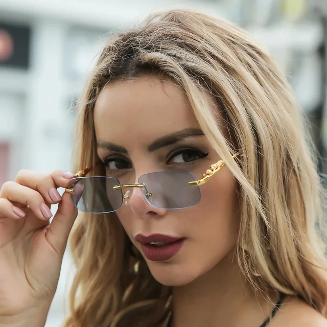 Gafas de sol rectangulares sin montura para hombre y mujer, lentes con cabeza de leopardo de Metal Vintage, sin marco, tintadas, nuevas - Imagen 4