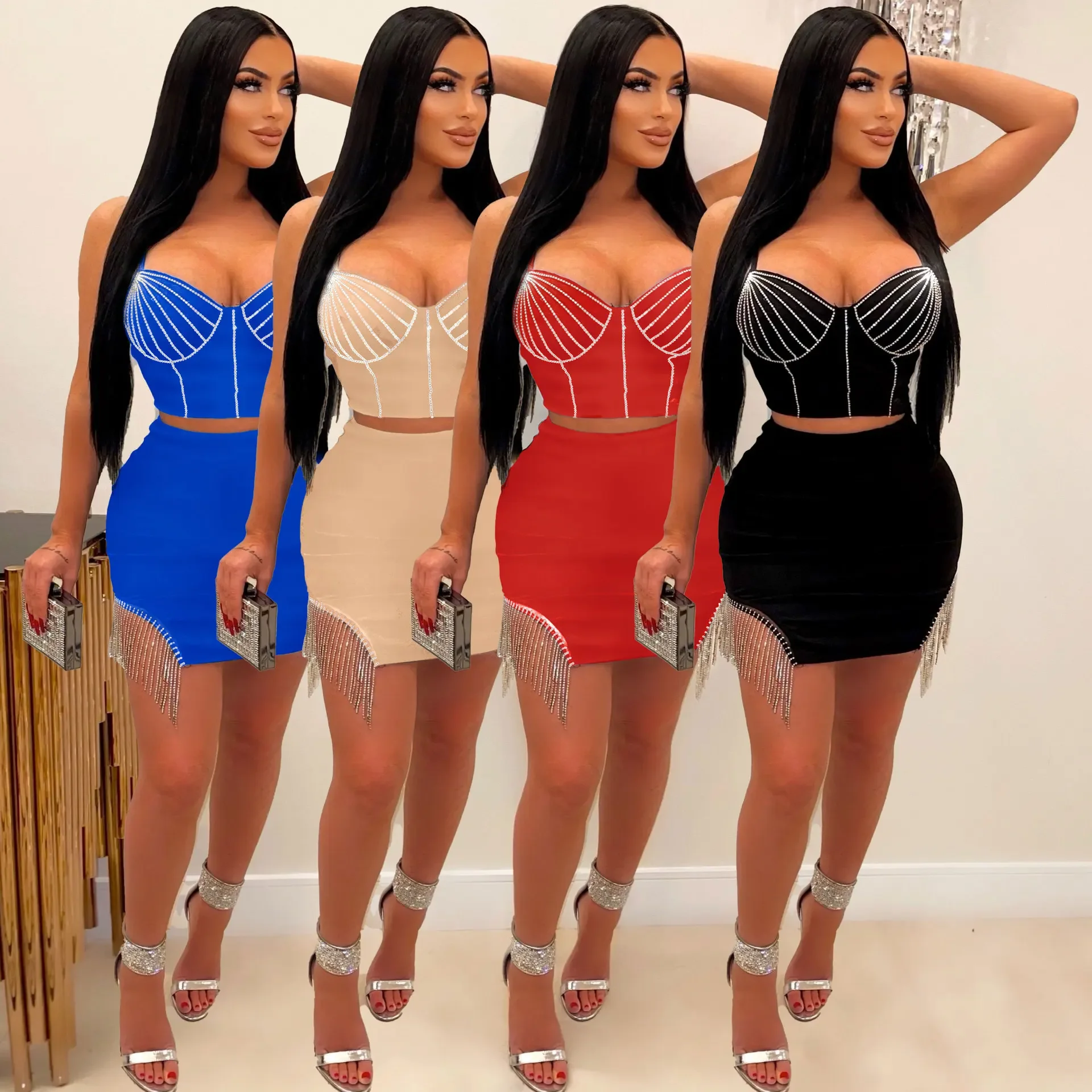 

Sexy Skirts Crop Tops Suits For Women Fashion Dress Sets Hot Diamond Sling Two-piece Nightclub Suit 2 Pieces Clothing Ins