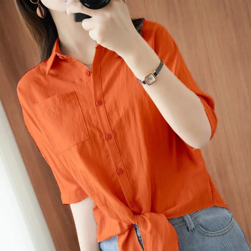 

Polka Dot Half-sleeve Shirt Women's Lapel Button Up Summer Tops Pockets Office Korean Loose Top Casual Summer Red Green Shirts