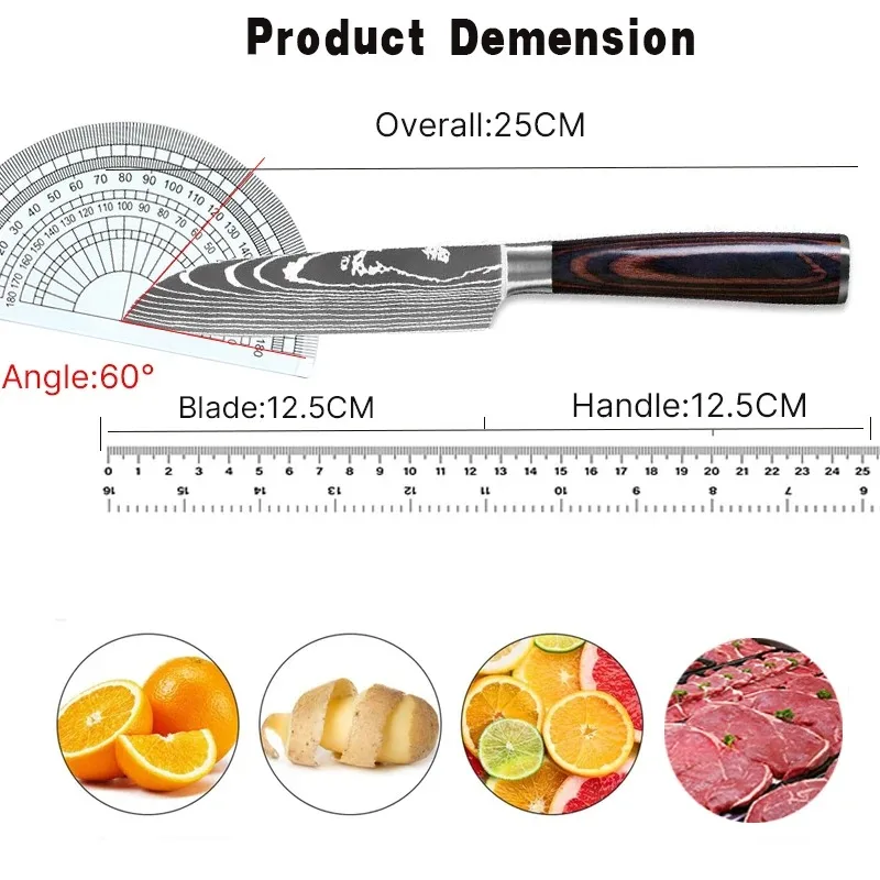 Kitchen Knife Meat Cleaver 5" Japanese Santoku Knife Laser Damascus Pattern Professional Butcher Boning Fish Fruit Utility Knife