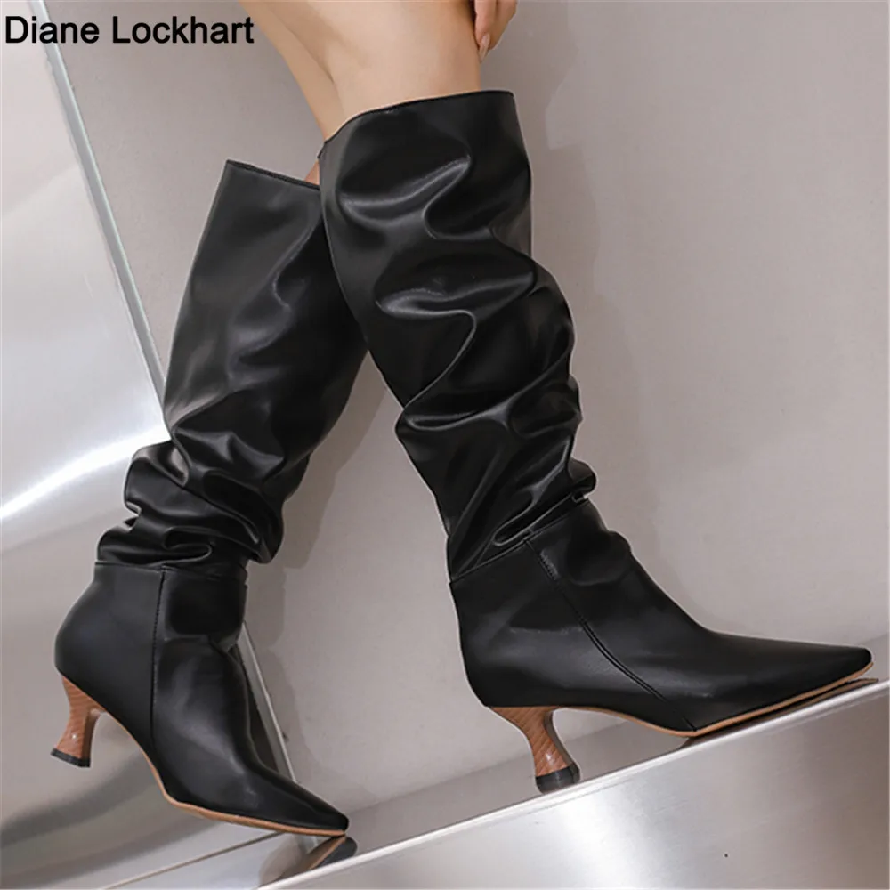 

Retro Pleats Thigh High Boots for Women 2023 Autumn Thick Heeled Pointed Toe Cowboy Boots Woman Slip On Western Long Botas Mujer