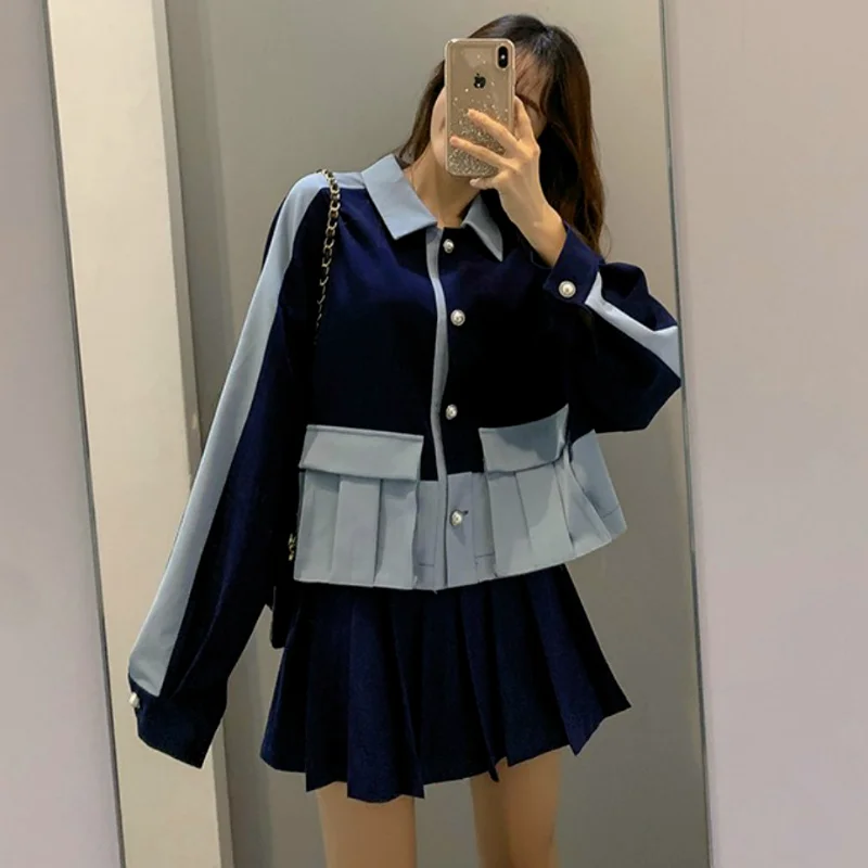 2021 Woman Spliced Blazer Pleated Skirts Blue Blazers Mini Skirt Suit Ruffles Women Suits Clothing Sets Elegant Fashion Harajuku