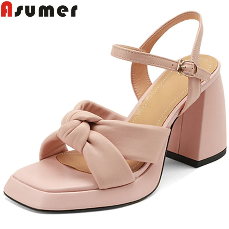

ASUMER 2022 New Buckle Strap Sheepskin Women Sandals Thick High Heels Sandals Pleated Ladies Dress Platform Shoes