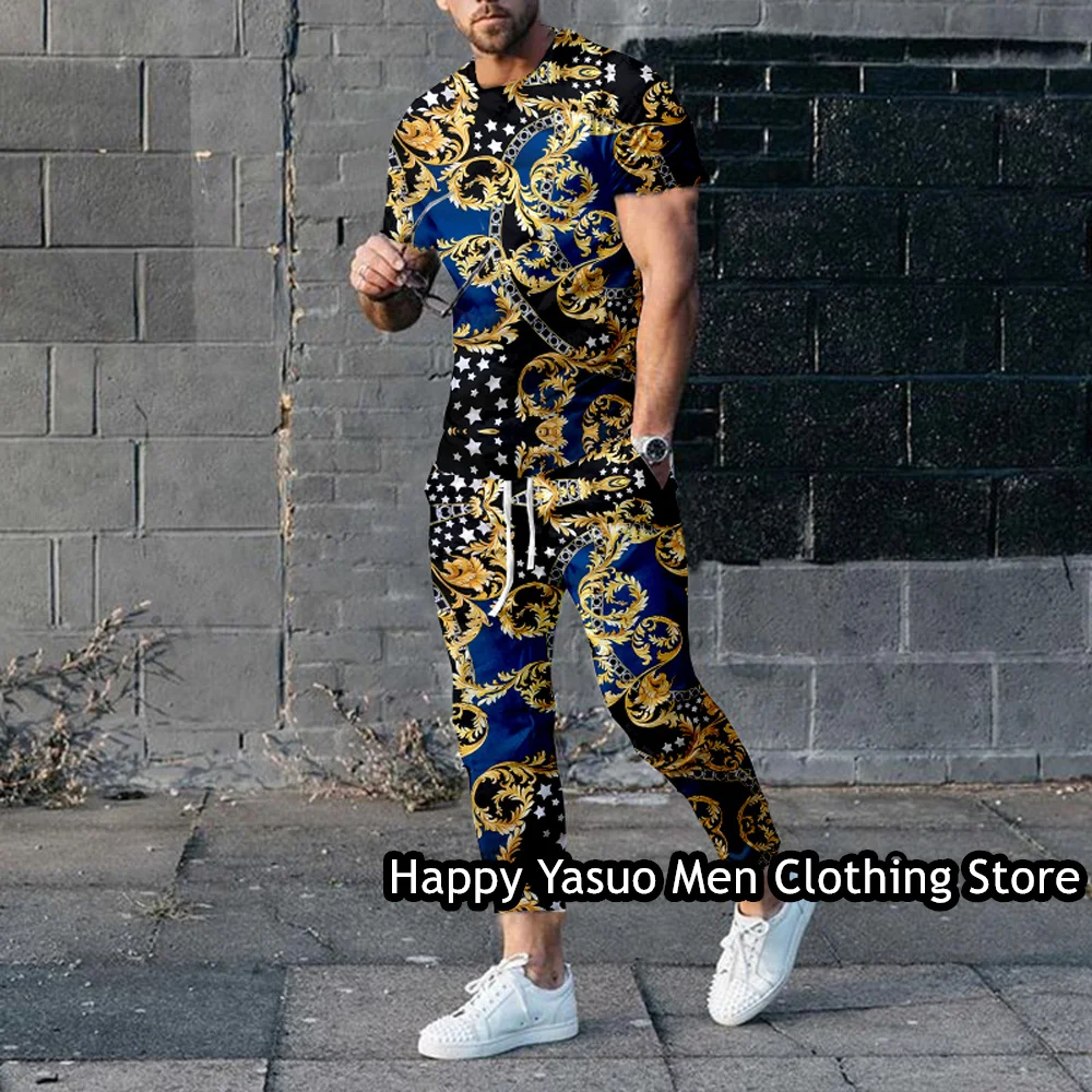 Luxury Summer Men Trousers Set T-shirt Outfit Set Retro Tracksuit 2 Pieces Casual Jogging Suit Male Fashion Clothing Gold Print