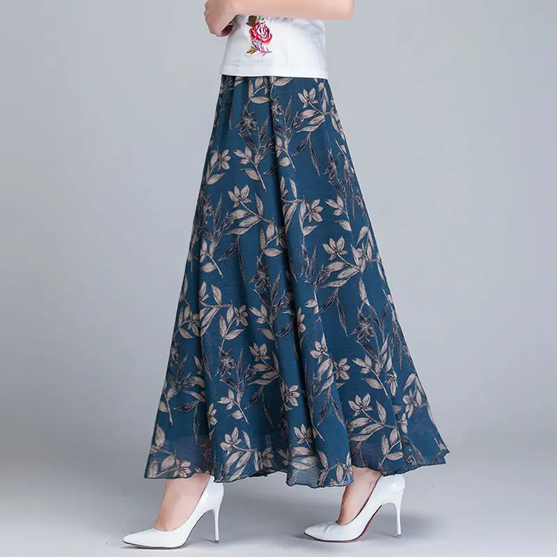 Spring and Autumn Women's Elastic High Waist Plant&Flowers Printed Contrast Chiffon Skirt Fashion Vintage Casual Elegant Dress