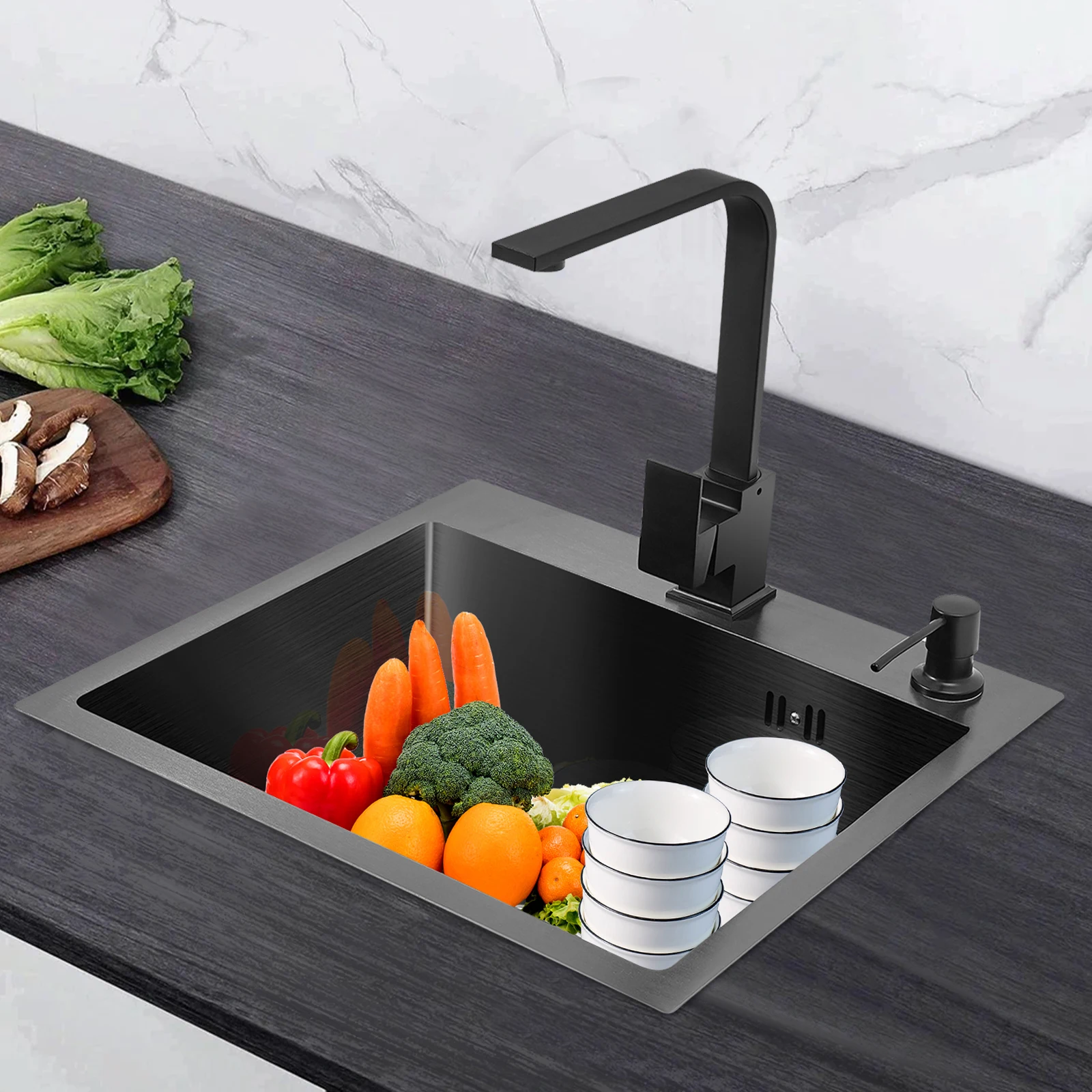 Edelstahl-Küchenspüle mit Wasserhahn, Unterbau/Unterputzmontage, 40,6 cm, großes Einzelbecken, Seifenspender, Abflusskorb für die Küche – Detail 20