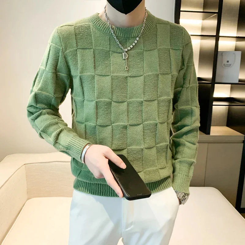 

Basic Style Men Sweaters Solid O-neck Long Sleeve Knitwear Male Pullover Fall Winter Fashion New Plaid Warm Sweaters Size S-3XL
