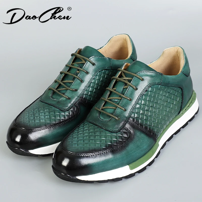 DAOCHEN LUXURY MEN CASUAL LEATHER SHOES FASHION LACE UP SPORT GREEN MENS DRESS SHOES PATCHWORK SNEAKER SHOES FOR MEN