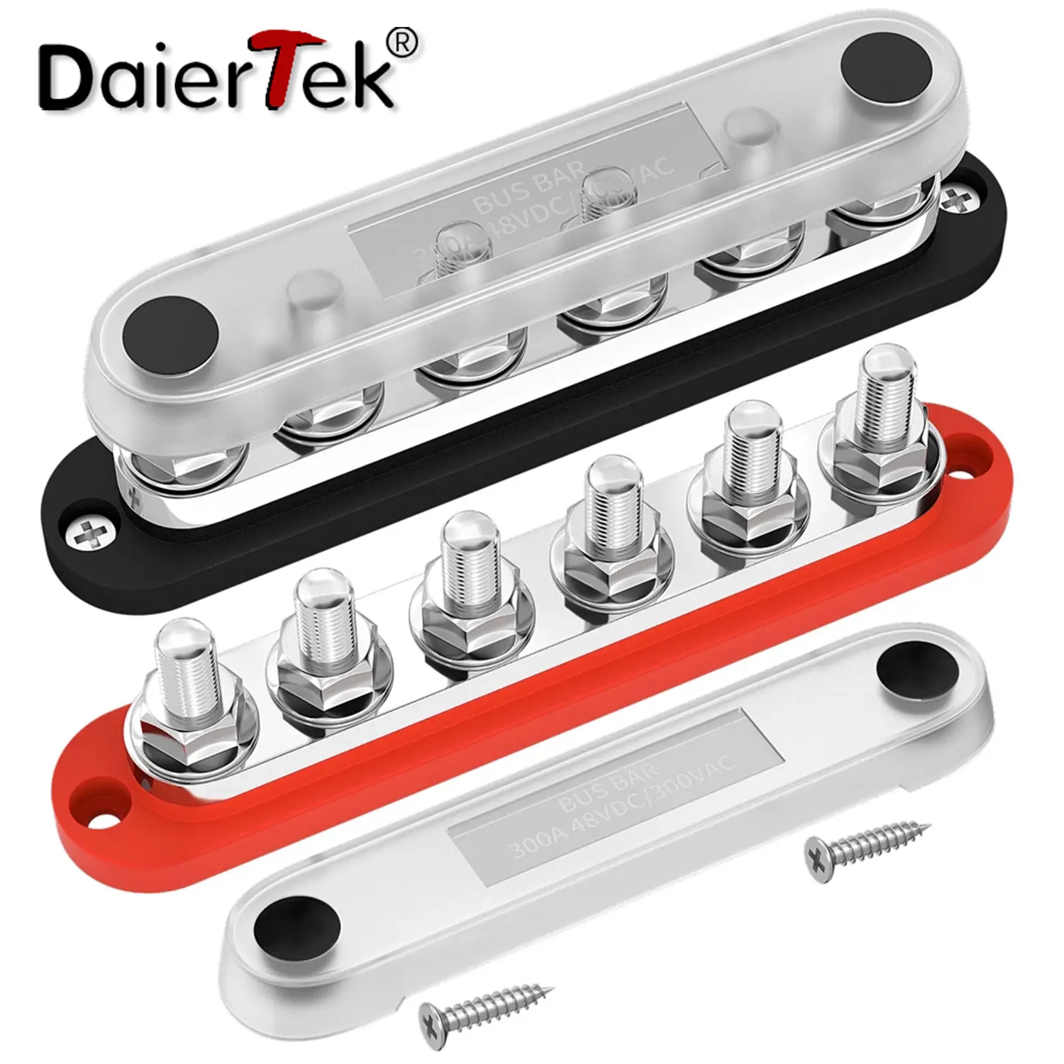 DaierTek 300A Barra colectora negativa Bloque de distribución de 12 V 6 x 3/8" Pernos terminales M10 48 V CC Barra colectora de tierra positiva para automoción