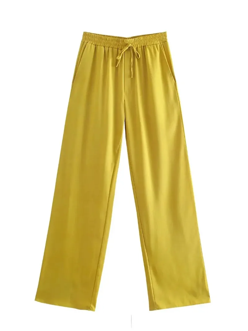 Women Loose Wide Leg Pants Chic Fashion Side Pockets Vintage High Elastic Waist Drawstring Female Trousers Mujer 2023