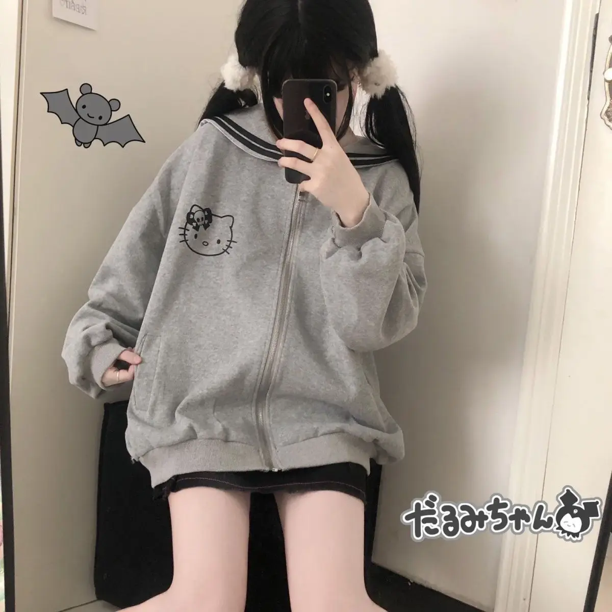 헬로 키티 네이비 칼라 지퍼 재킷, 산리오 소녀 애니메이션 카와이 가디건, 면 후디, 가을 코트, 일본 루즈 캐주얼, 귀여운