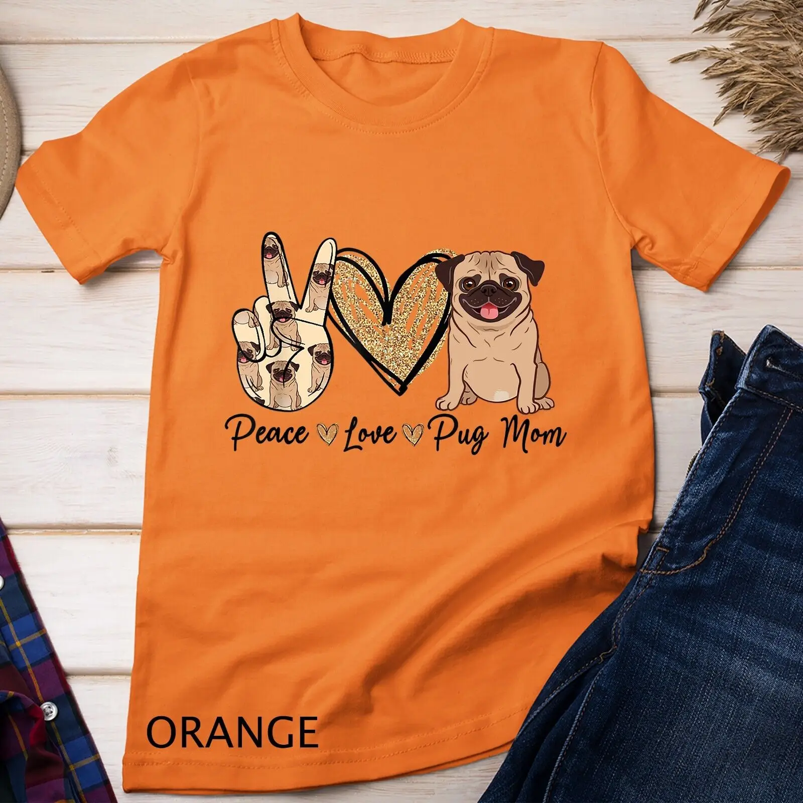 

Футболка унисекс на День Матери с надписью «Peace Love Pug Mom»