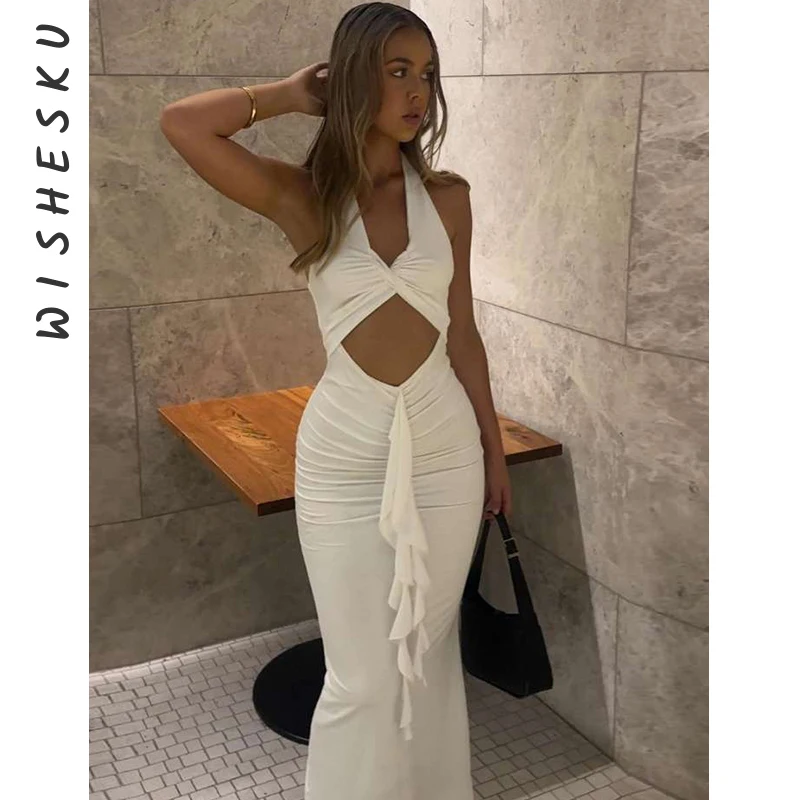 

Sexy Halter Cut Out Ruched Bodycon Maxi Dress Women Backless Ruffled White Party Vestido 2024 Summer Fairy Grunge Clothes