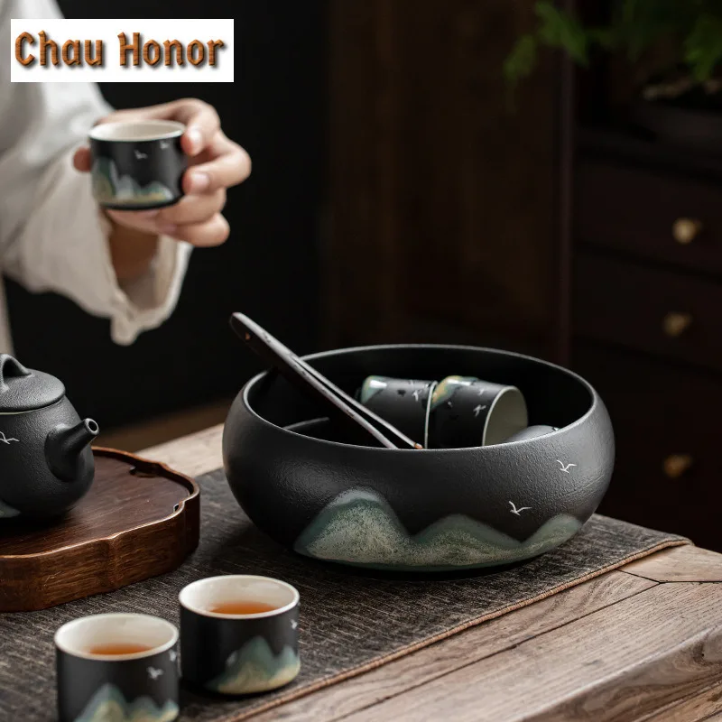 1350ml Distant Hills Ceramic Large Tea Washing Basin Household Ceramic Tea Cup Tea Residue Wash Bowl Tank Jian Shui Tea Ceremony