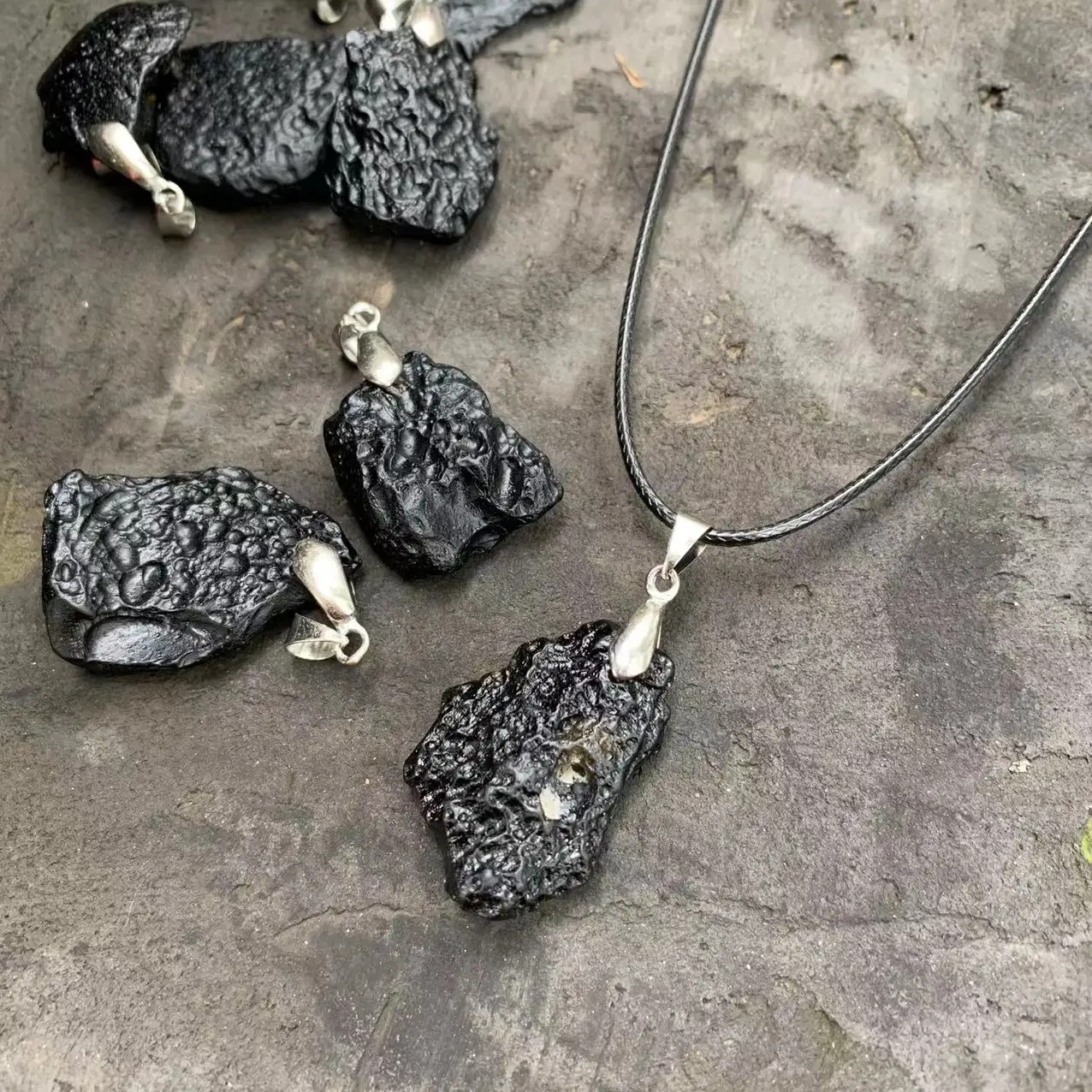 Natural Black Meteorite Irregualr Rough Necklace Men Women Punk Style Tektite Cosmic Power Energy Lucky Health Rope Jewelry