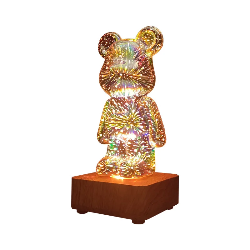 LED Night Light 3D Fireworks Bear Projection Colorful USB Atmosphere Dimming Living Decorative Decor Room Glass Fireworks