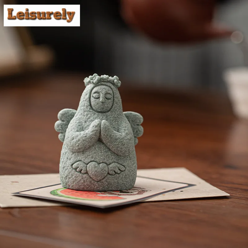 Green Sandstone Goddess Tea Pet Zen Tea Sculpture Tea Figurine Play Toys Tea Statue Ornaments Can Be Raised Teaware Supplies