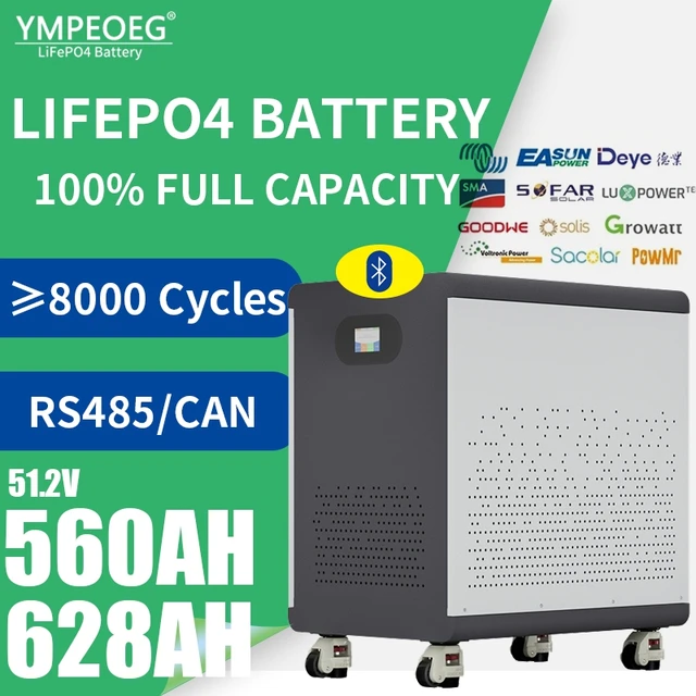 Batterie LiFePO4 de qualité A neuve, 100 % pleine capacité, 51,2 V 560 Ah/628 Ah, pack de batteries 48 V 28 kWh/32 kWh avec BMS intégré, banque d'alimentation solaire 1