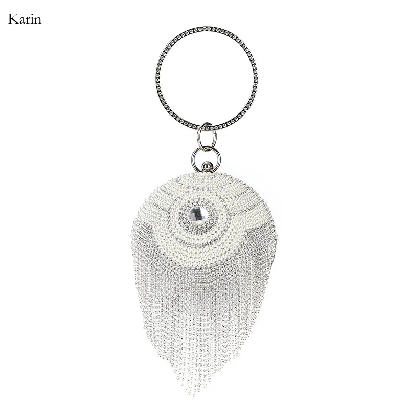 

Ladies Tassels Rhinestone Mini Round Top Handle Handbags Female Evening Clutch Party Women'S Bag