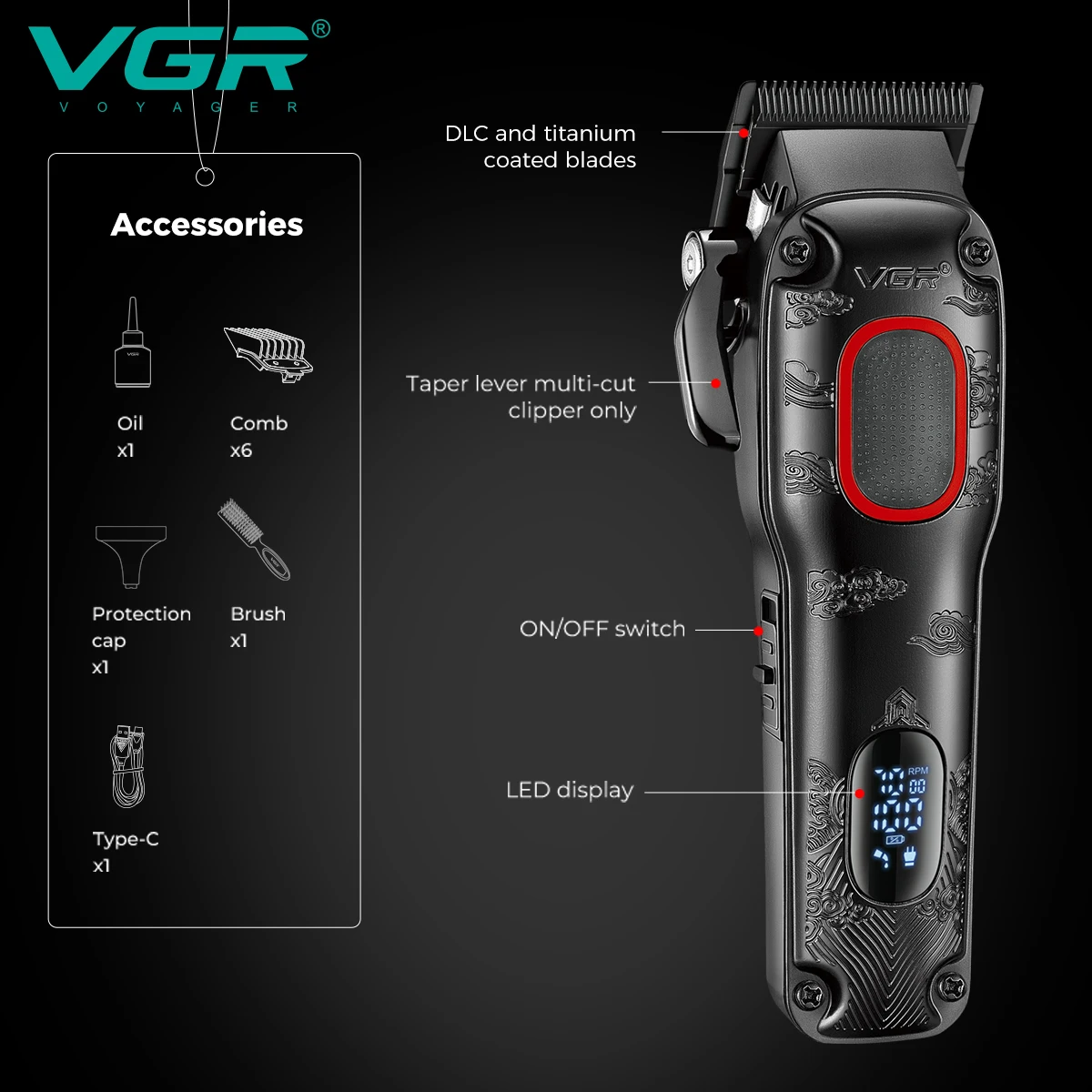 VGR مقص الشعر ذكي LED شاشة ديجيتال قوة قوية الشعر...