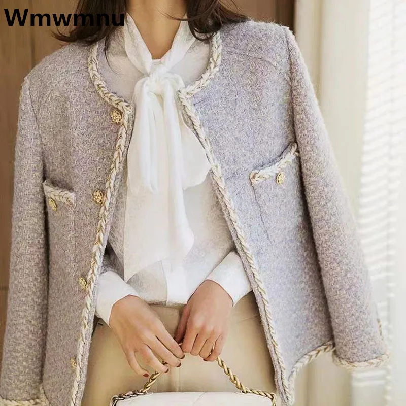 

Женская винтажная куртка из твида, фиолетовая Элегантная куртка свободного покроя в Корейском стиле, верхняя одежда для весны и осени