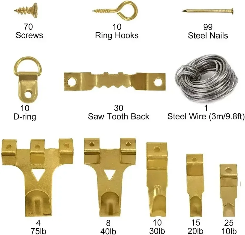 Kit Appendi Quadri 250 Pezzi - Ganci In Metallo, Chiodi, Viti E Cavo D'acciaio, Per Carichi Fino A 75 Libbre