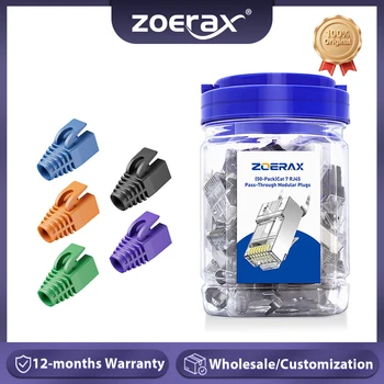 ZoeRax 50PCS Shielded RJ45 Cat7 Cat6A Pass Through connectors kit 3 Prong 8P8C Gold Plated 2-Piece Plug with Strain Relief Boots 1