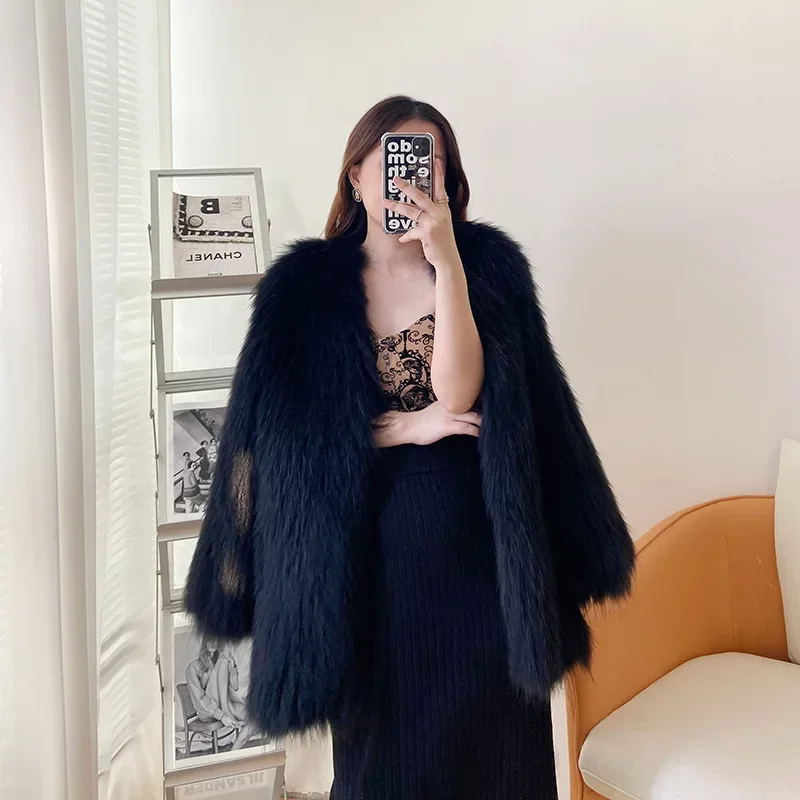 Raccoon Fur Woven Coat for Women Medium Length Fur Coat for Women‘s Clothing Autumn Winter 2023 Long Sleeve Jackets Thick Warm