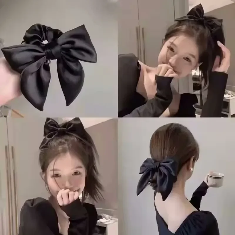 Elegante fiocco nastro fascia per capelli donna cravatta per capelli ragazze solido raso bowknot scrunchies coda di cavallo grandi elastici accessori per capelli - immagine 2