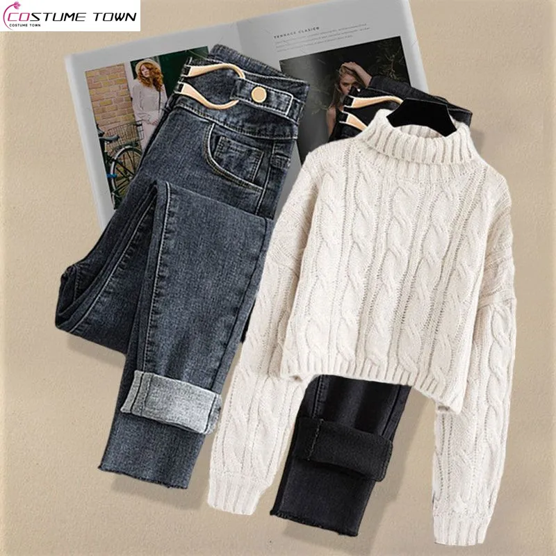 Autumn and Winter New Set Women's High Neck Solid Knitted Sweater Slim and Versatile Jeans Women's Two Piece Set