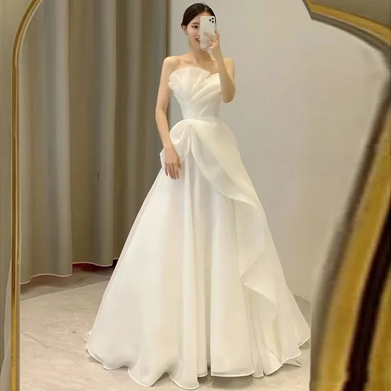 Luxury White Satin Chiffon Strapless Wedding Maxi Bride Dress 2023 Elegant Long Prom Evening Guest Formal Party Women Dresses