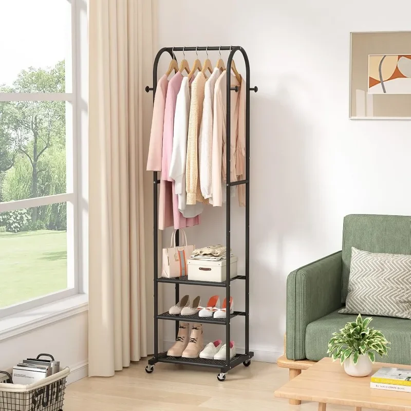 Heavy Duty Clothing Rack With Wheels,Modern Garment Rack With 3 Metal Shelves, 71.8Inches Display Rack