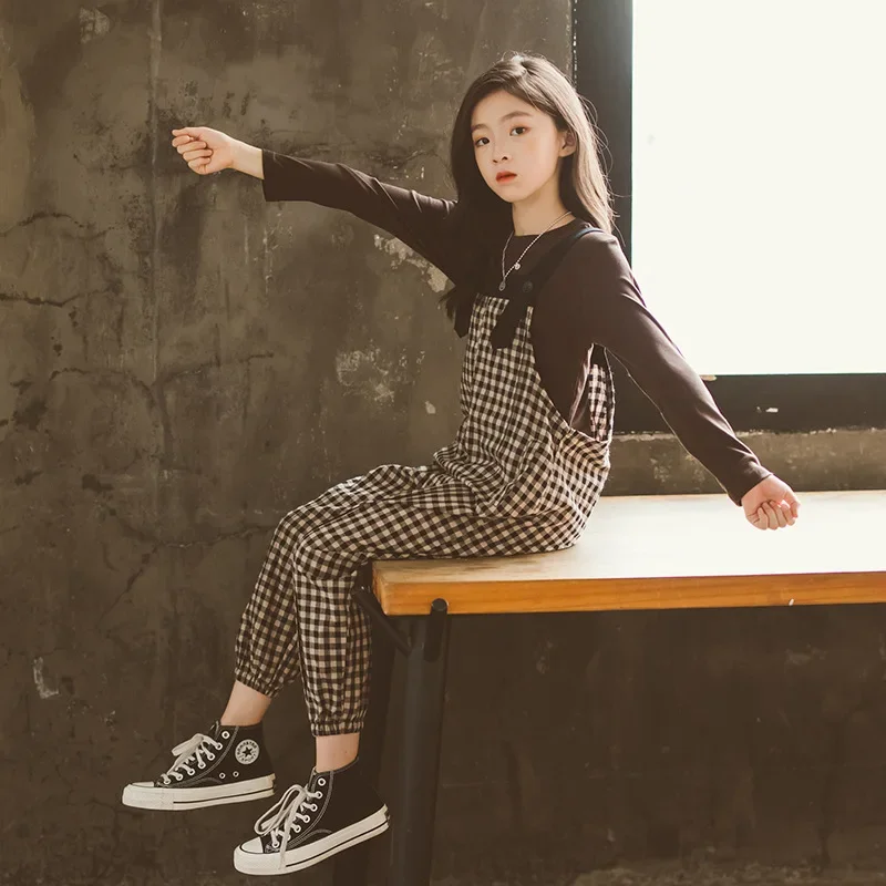 

Girls Overalls Spring Summer Casual Plaid Retro Trousers Jumpsuit for Girls 8 to 14 Years Kids Jumpsuits Teenage Cotton Clothing