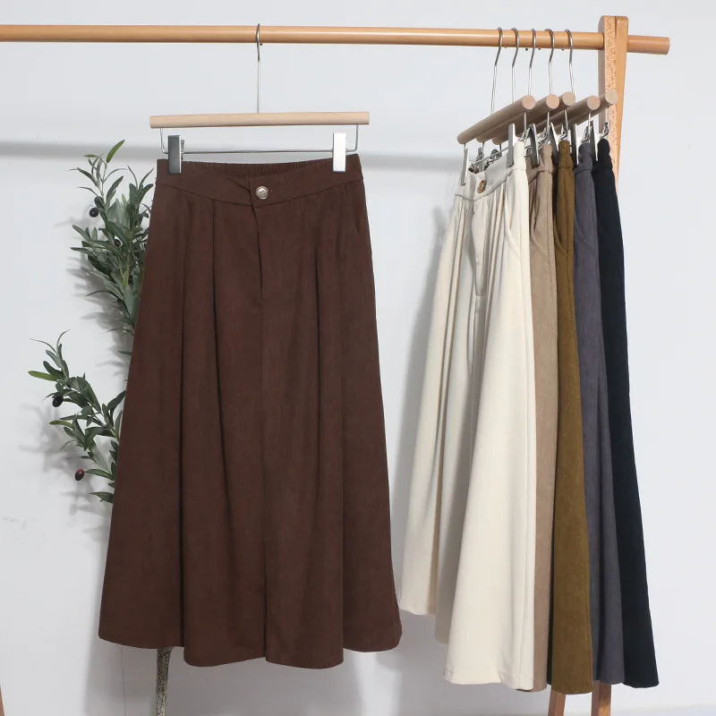 

Preppy Style High Waist Corduroy Pleated Skirt for Women Autumn Winter Thick A-line Mid Long Skirt Female Brown Khaki Skirt Lady