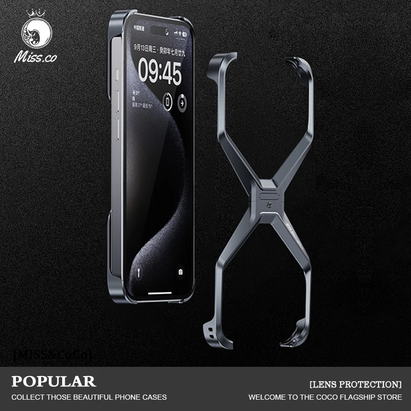 Aluminum Alloy Borderless Heat dissipation Phone Case For iPhone 14 15 Pro Max Metal Phone Bumper Anti-collision Angle Pad Cover