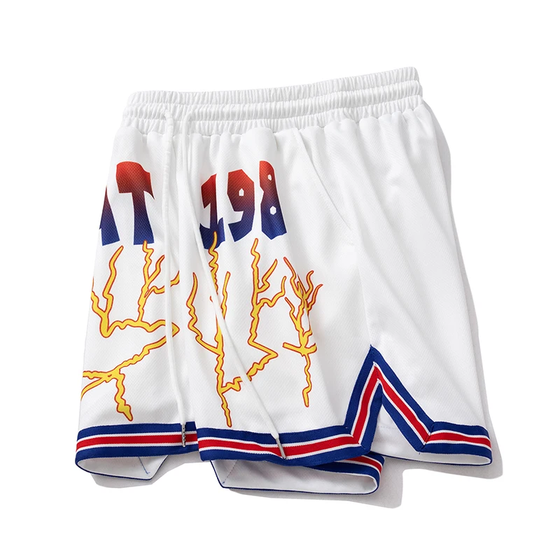 Lightning Mesh Printed Summer Shorts American Retro Double Layered Overweight Loose and Breathable Shortpant for Men Women