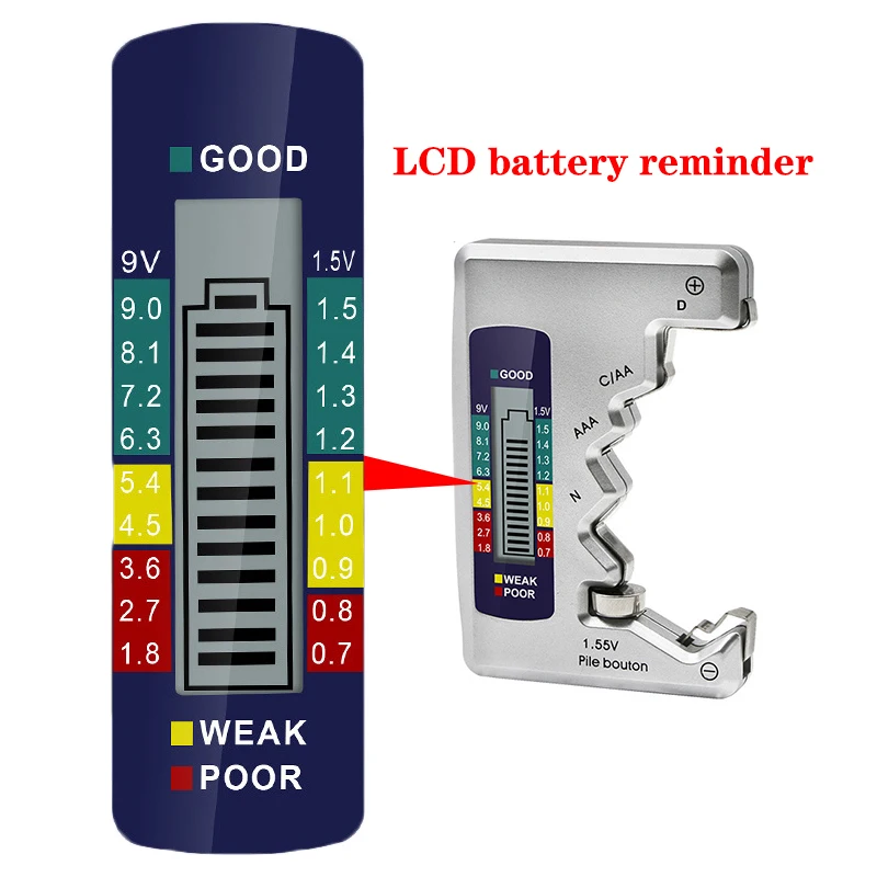 Cyfrowy Tester baterii wyświetlacz LCD C D N AA AAA 9V 1.5V bateria telefonu guzik pojemność sprawdź detektor pojemność narzędzie diagnostyczne 2 Cyfrowy Tester baterii wyświetlacz LCD C D N AA AAA 9V 1.5V bateria telefonu guzik pojemność sprawdź detektor pojemność narzędzie diagnostyczne 2