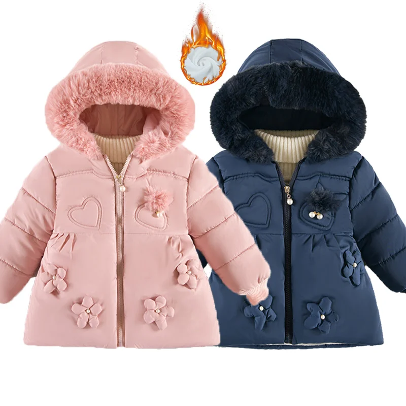 

Winter Girls Warm Cotton Coats 2023 New Plus Velvet Thick Down Jackets Kids Clothes Hooded Fur Collar Baby Girl Windproof Parkas