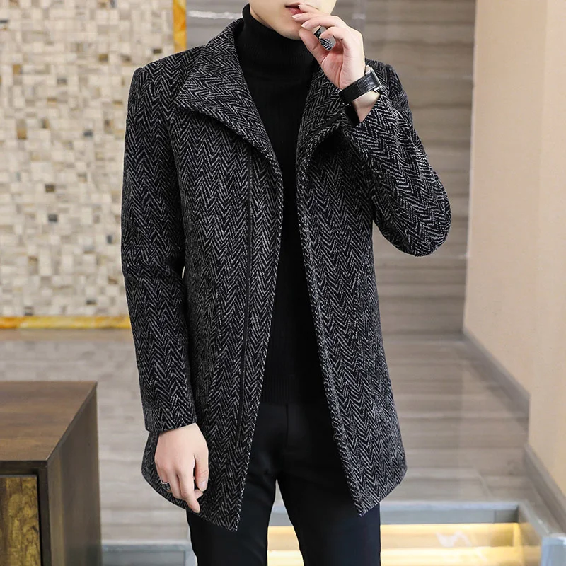 

Fashion Woolen Jacket Men Mid-length Casual Business Trench Coat Winter Plus Velvet Thickening Streetwear Overcoat Windbreaker