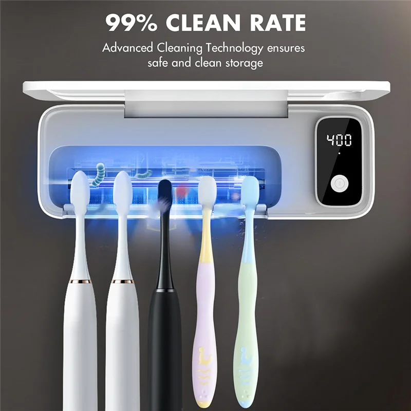 A84G-스마트 살균기 충전식 무선 칫솔 클리너, 벽걸이형 무타공 칫솔 홀더 정리함