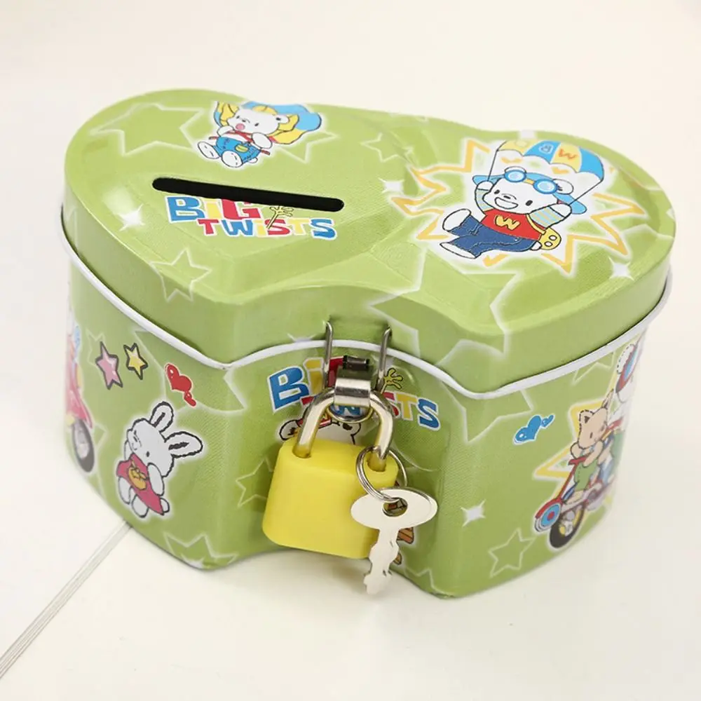With Lock and Key Tinplate Piggy Bank Cartoon Print Design Cute Coin Savings Box High Capacity Iron Art Kids Storage Jar piggy bank,wooden piggy bank,coin bank,wooden money box