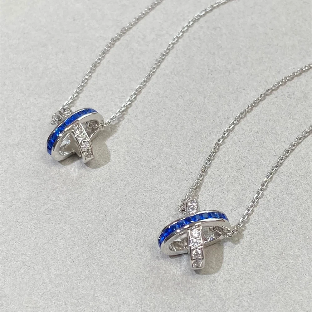 

Luxury brand jewelry S925 sterling silver 18k platinum JEUX DE LIENS series blue diamond X-shaped pendant for women's necklaces,