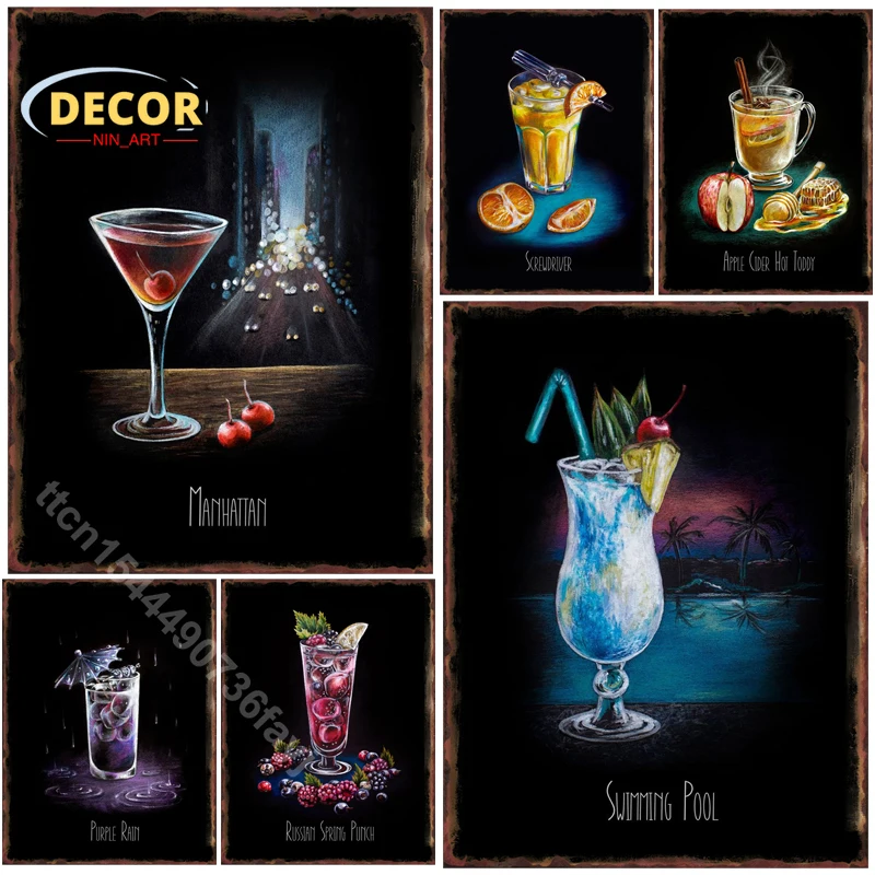

Classic Cocktails on Black Metal Tin Sign Vintage Poster for Retro Drink Crayon Drawing Painting Aesthetic Bar Room Wall Decor